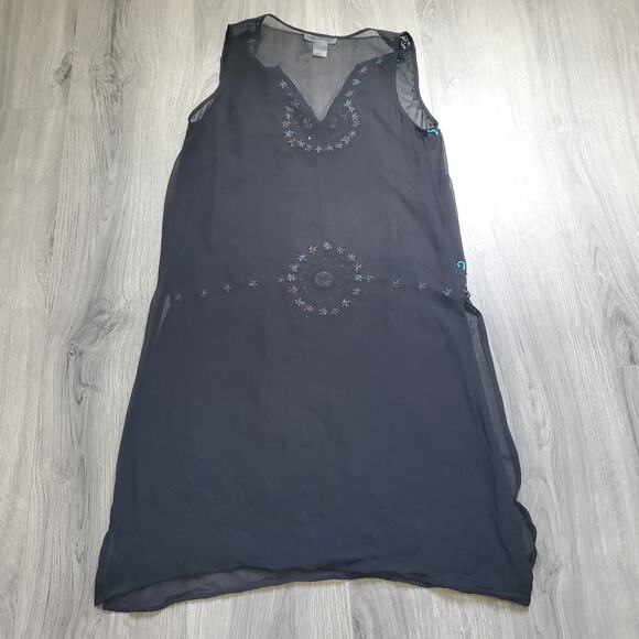 WHBM Silk Cover Up Dress Sheer Beaded Black Navajo Whimsigoth Resort Swim Boho - Picture 2 of 9